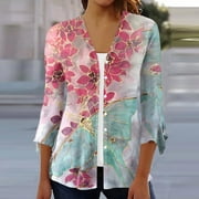 Sksloeg Women's Lightweight Open Front Cardigans 3/4 Sleeve Floral Printed Kimonos Casual Soft Drape Fall Cardigan Button Down T Shirts,Multicolor M