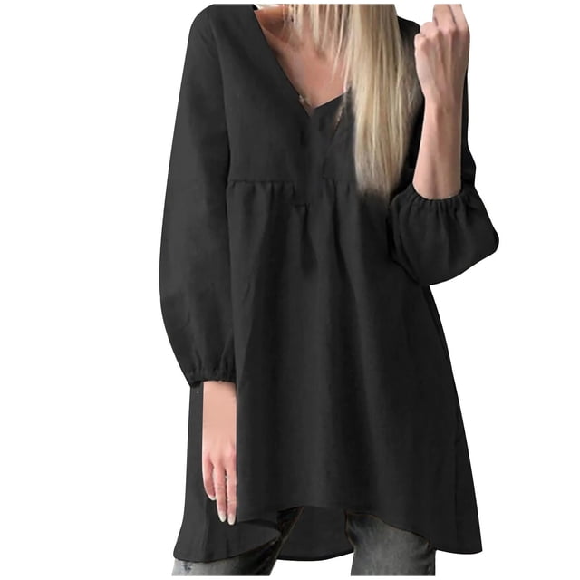 Timegard Hauts Grande Taille pour Femmes Coton Lin Col en V Profond Manches Longues T-Shirt Ample Automne Décontracté Hauts Longs