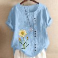 thumbnail image 1 of ICHUANYI Clearance Women's Short Sleeved Casual Plus Size Round Neck Flower Printed Loose Button Cotton Linen Top(Blue, XL) ICHUANYI WER2023080814113, 1 of 5