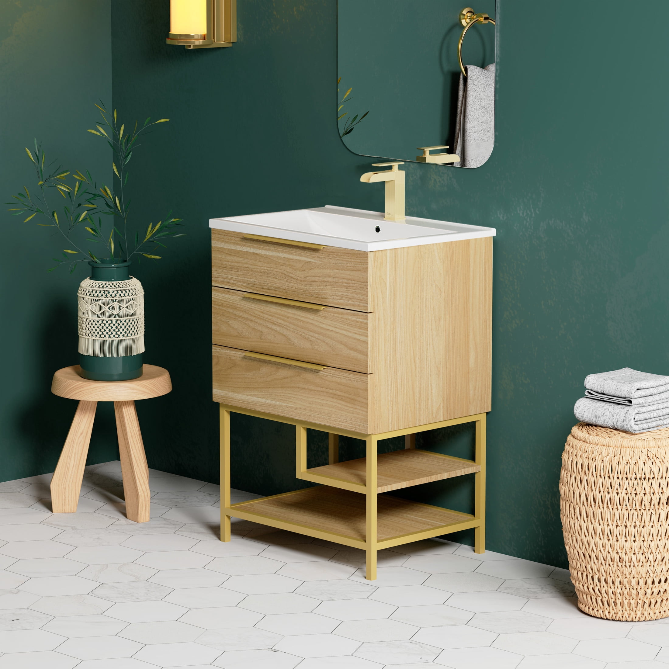 Carre 24" Freestanding Bathroom Vanity in Golden Oak with Sink Top