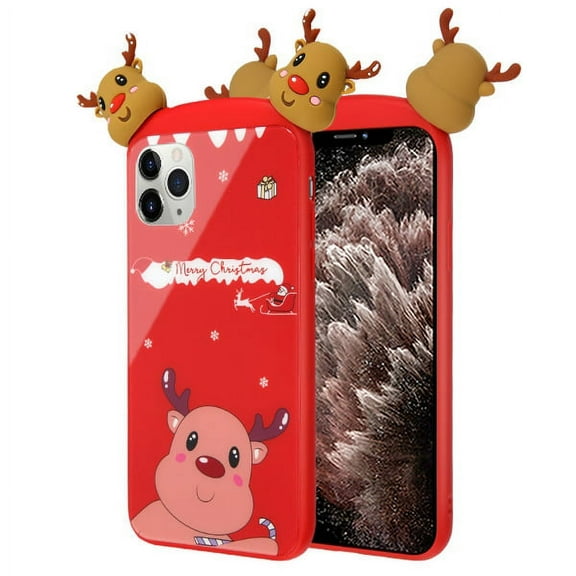 Apple iPhone 11 PRO MAX Phone Case Slim Thin Hybrid 3D Merry Christmas Design Toy Cartoon Tempered Glass Back & TPU Rubber Anti-Scratch Cover [RED Christmas Deer] Cases for Apple iPhone 11 Pro Max