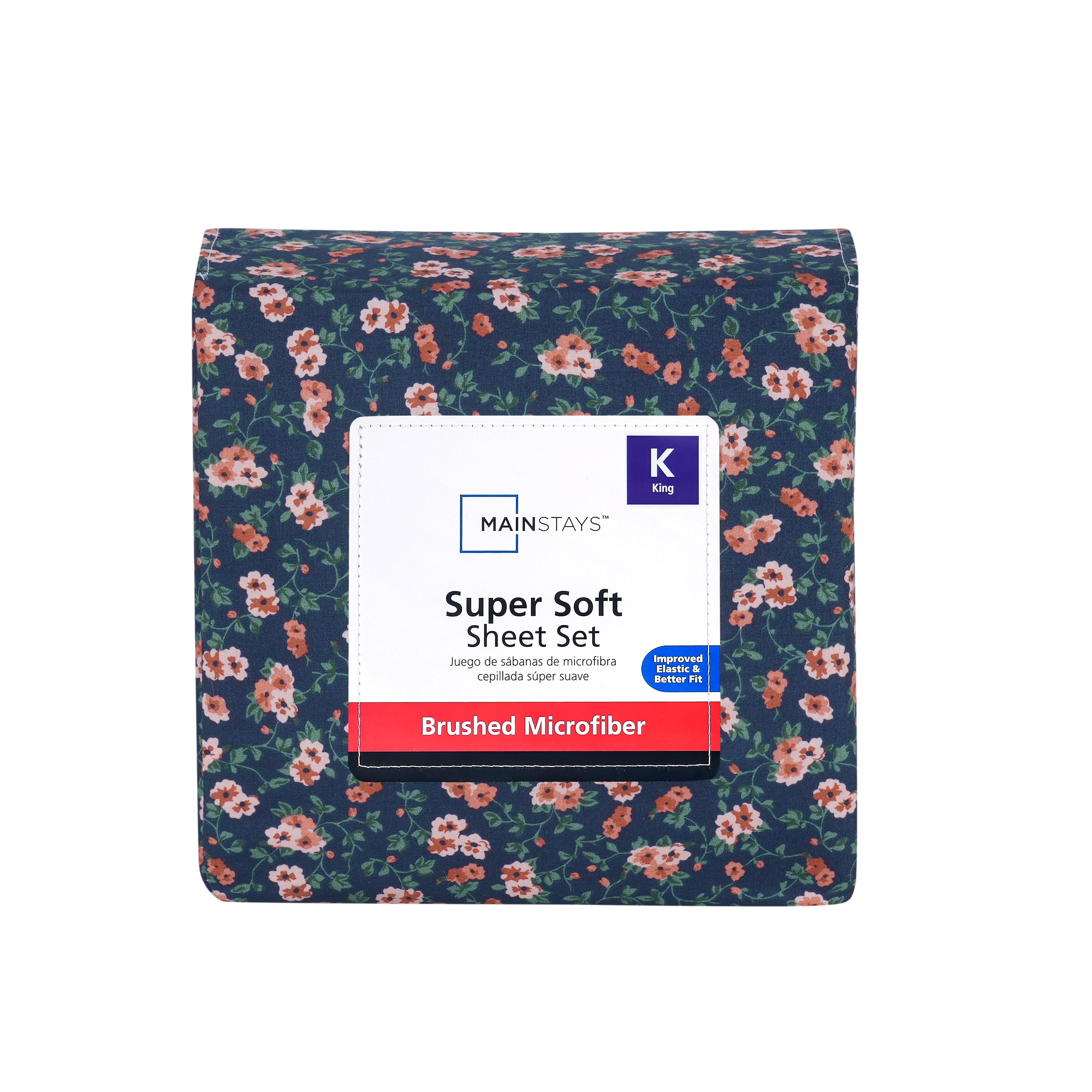 Mainstays Super Soft Brushed Microfiber Bed Sheet Set, Blue Multi Floral, King, 4 Piece