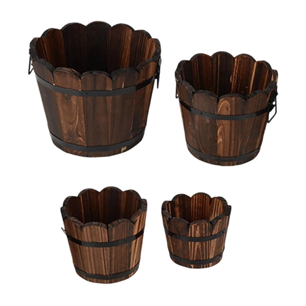 Juego de 4 macetas de madera para plantas, ideales para patio, oficina, interiores y exteriores. Boca ondulada