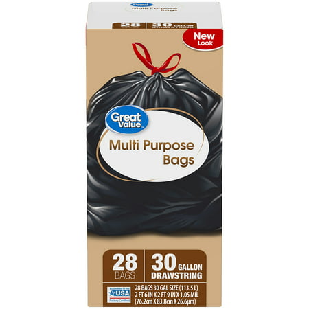 Great Value Multi-Purpose Drawstring Trash Bags, 30 Gallon, 28