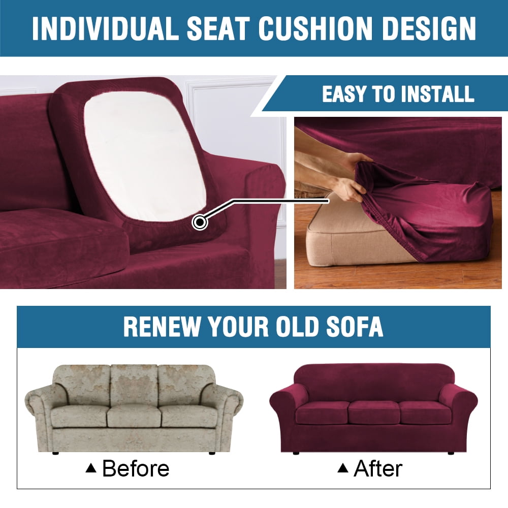 Stretch Velvet Plush Sofa Covers Couch Armhair Slipcover Protector with Cushion Covers, Burgundy, For 3-Seater Sofa