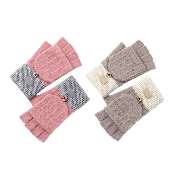 2 pares de guantes de invierno convertibles, guantes de punto grueso de medio dedo con funda 1104