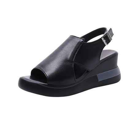 CHOII 50% Clearance High-heeled Shoes Fishmouth Wedges High-heeled Shoes Women s Shoes Sandals Thick Sole Tower Buckle Sandals Comfort Sandals Ankle Strap Sandals Comfort Sandals Black/7.5