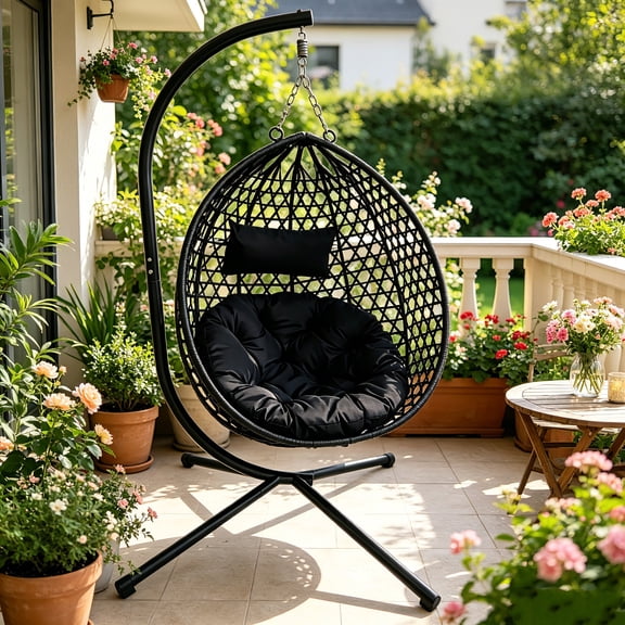 AUU Foldable Hanging Egg Chair with Stand – HDPE Rattan Wicker Swing Chair with Cushion, Heavy Duty 350 lb Capacity for Outdoor Patio, Indoor Bedroom, or Balcony