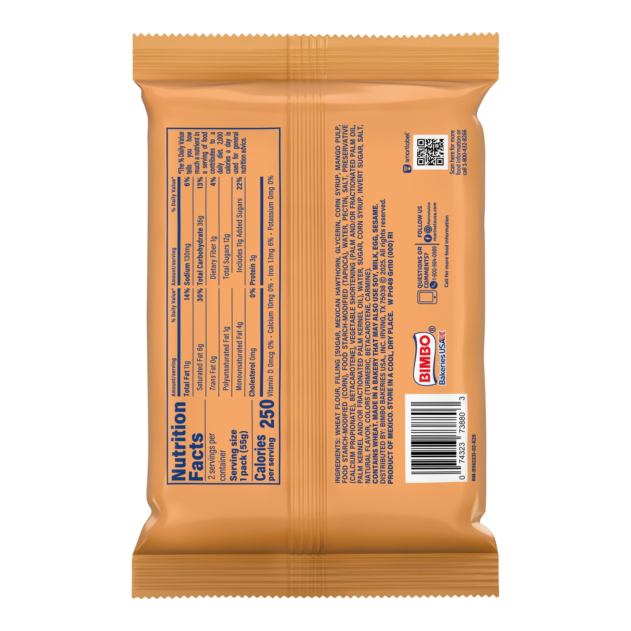 Marinela Barritas Mango Smoothie Filled Cookies, 4 count, Mango Cookie Bars, 3.88 oz Bag