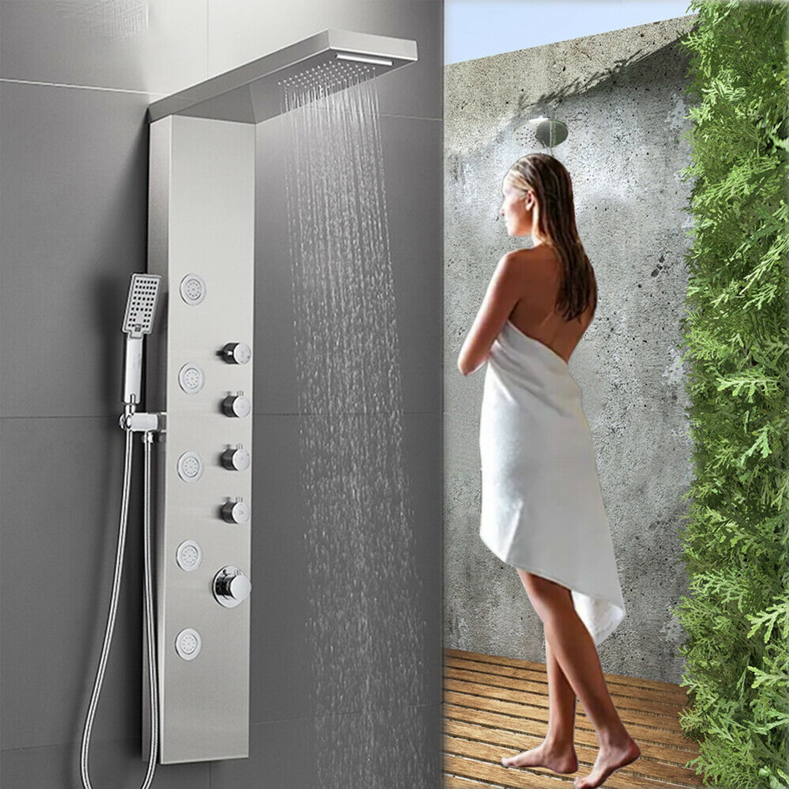 CES Shower Panel Tower System Stainless Steel 5-Function Faucet LED  Rainfall Waterfall Shower Head,Wall Mount Shower Column, Hydroelectricity  Display Rain Massage with Jets, Brushed Nickel 