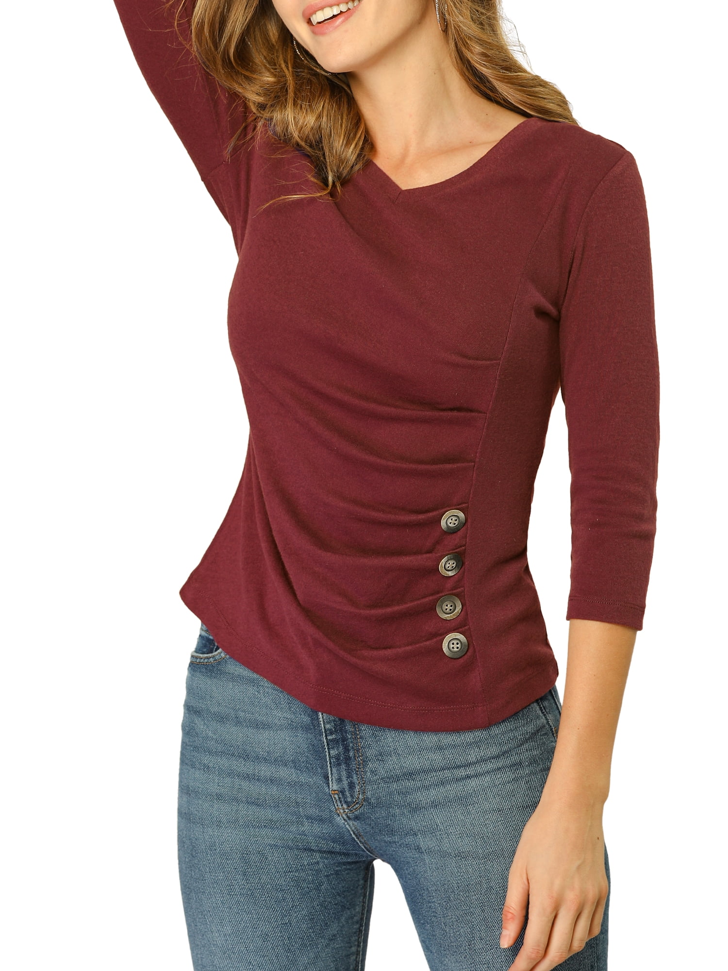 DARING DIVA V Neck Knitted Buttons Decor Ruched Blouse Top S Burgundy