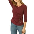 thumbnail image 4 of INSPIRE CHIC Women's Ruched Blouse Button Decor V Neck 3/4 Sleeve Solid Knit Top M Burgundy, 4 of 7