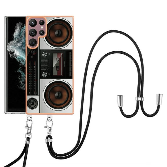 for Samsung Galaxy S22 Ultra Crossbody Strap Phone Case, Anti-Fall Pattern Clear Design Transparent Soft & Flexible TPU Drop and Shockproof Protective Cover Adjustable Nylon Neck Strap, Retro Radio