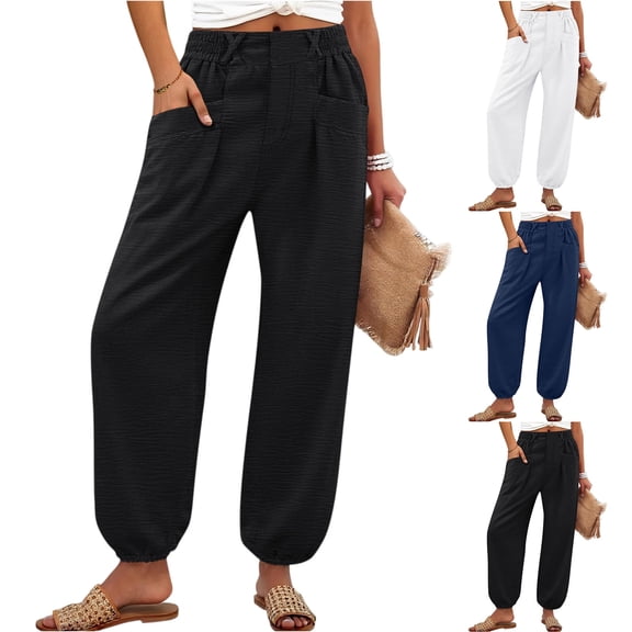 Drawstring Womens Cotton Linen Pants with Pockets Elastic High Waisted Lantern Tapered Harem Pants Ladies Cuffed Ankle Beach Loose Pants, #01 Black XXL