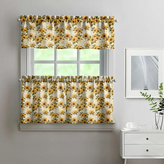 Rustic Vintage Curtains 24 Inch Short - 3 Panel Wildflower Farmhouse Set with Bohemian Floral Design, Rod Pocket Kitchen