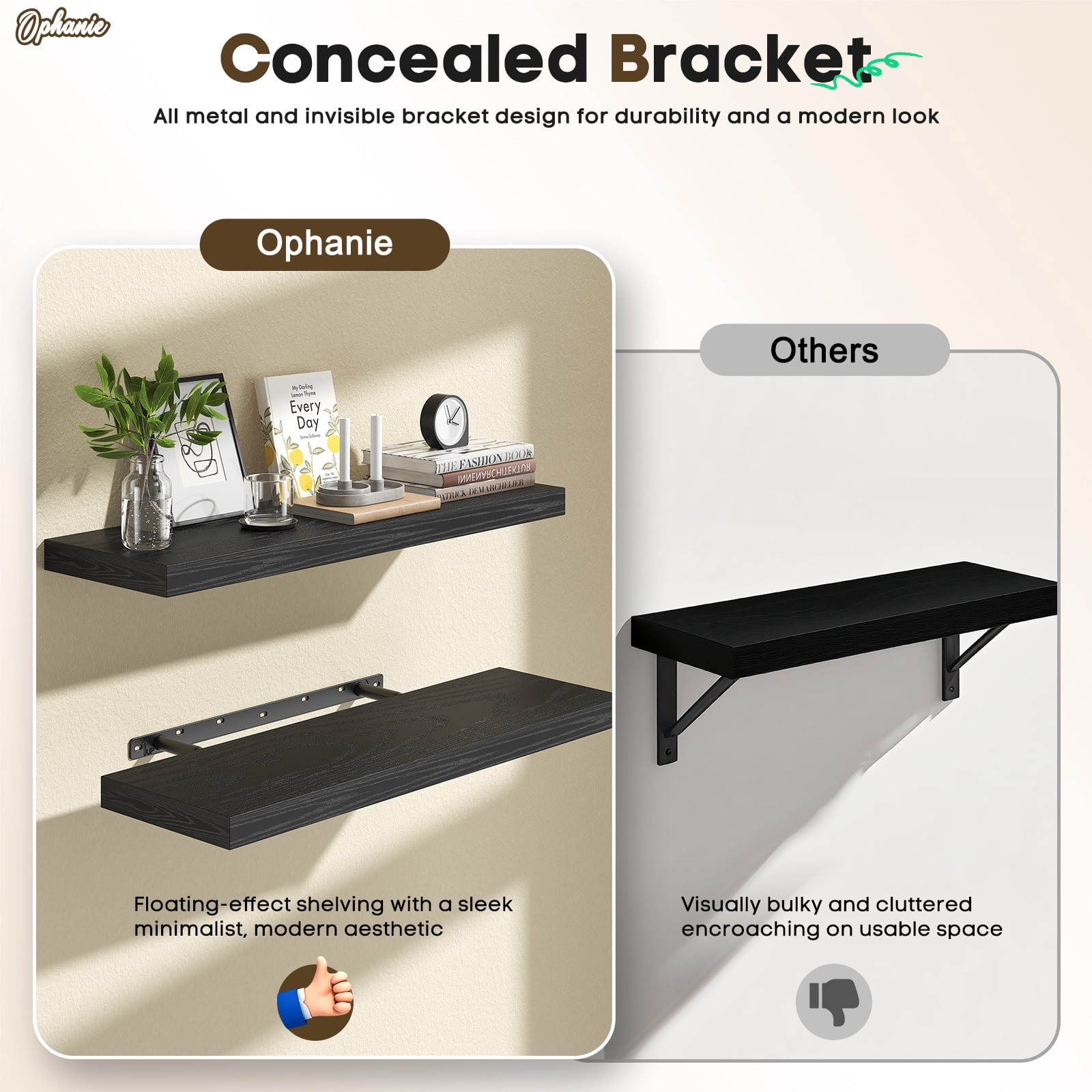 Ophanie 22.5 inch 2 Pack Wood Floating Shelves, Hanging Float Shelf for Wall Mounted Decorative Shelves, 6.7 x 23 Inch, Set of 2, Black