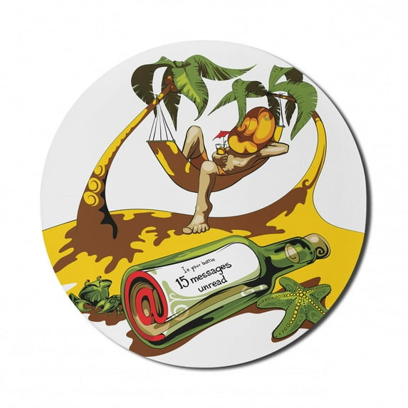 Beach Mouse Pad for Computers, Image of Young Man in Hammock and Message in a Bottle at Beach Design, Round Non-Slip Thick Rubber Modern Gaming Mousepad, 8" Round, White Green Yellow, by Ambesonne