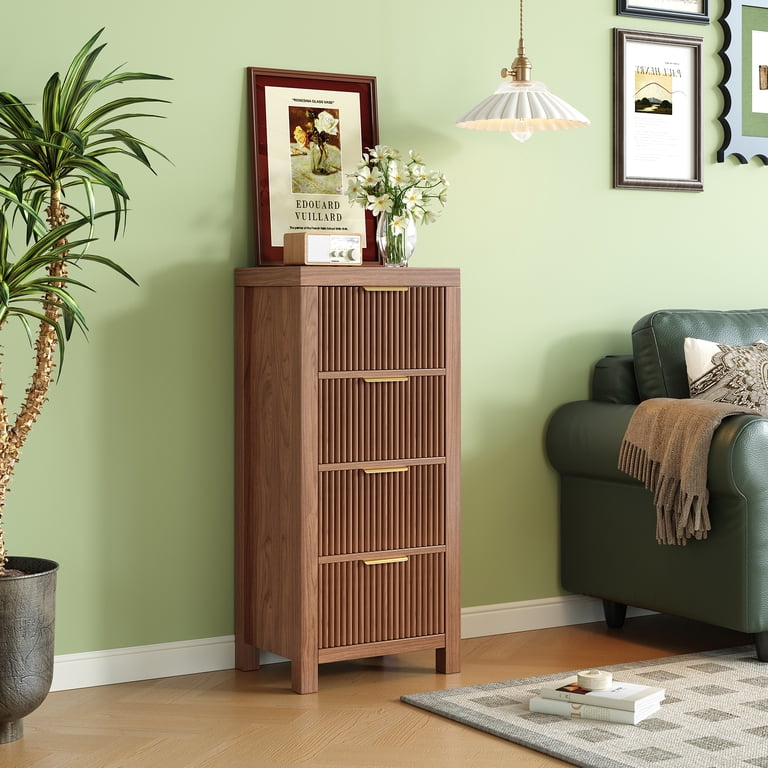 Mid-century Modern Tall Wooden Dresser with 4 Spacious Drawers, Entryway Storage Chest with Smooth Metal Handles, Bedroom Clothes Organizer for Mid-century Modern Tall Wooden Dresser with 4 Spacious Drawers, Entryway Storage Chest with Smooth Metal Handles, Bedroom Clothes Organizer for