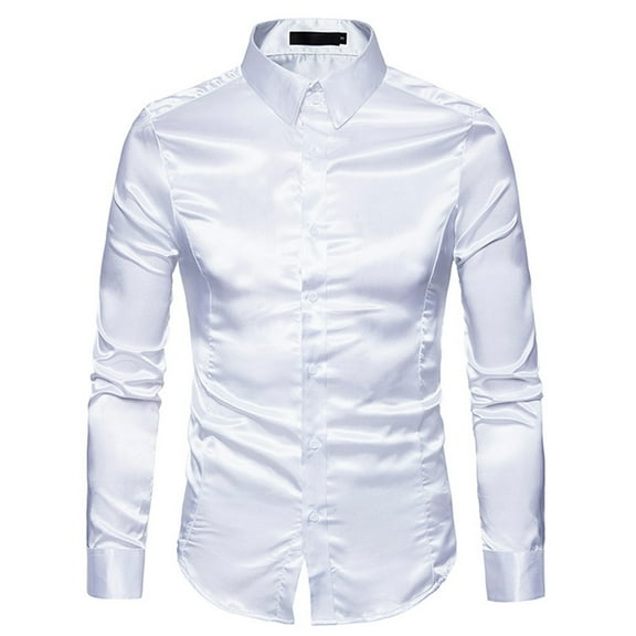 Lu's Chic Men's Silk Dress Shirt Satin Long Sleeve Collared Button Up Shirts Slim Fit Fancy Halloween Tuxedo Shirts White Small