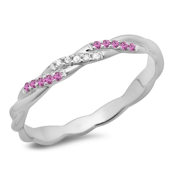 Dazzlingrock Collection 14K Round Pink Sapphire & White Diamond Ladies Swirl Wedding Band Stackable Ring, White Gold, Size 4.5