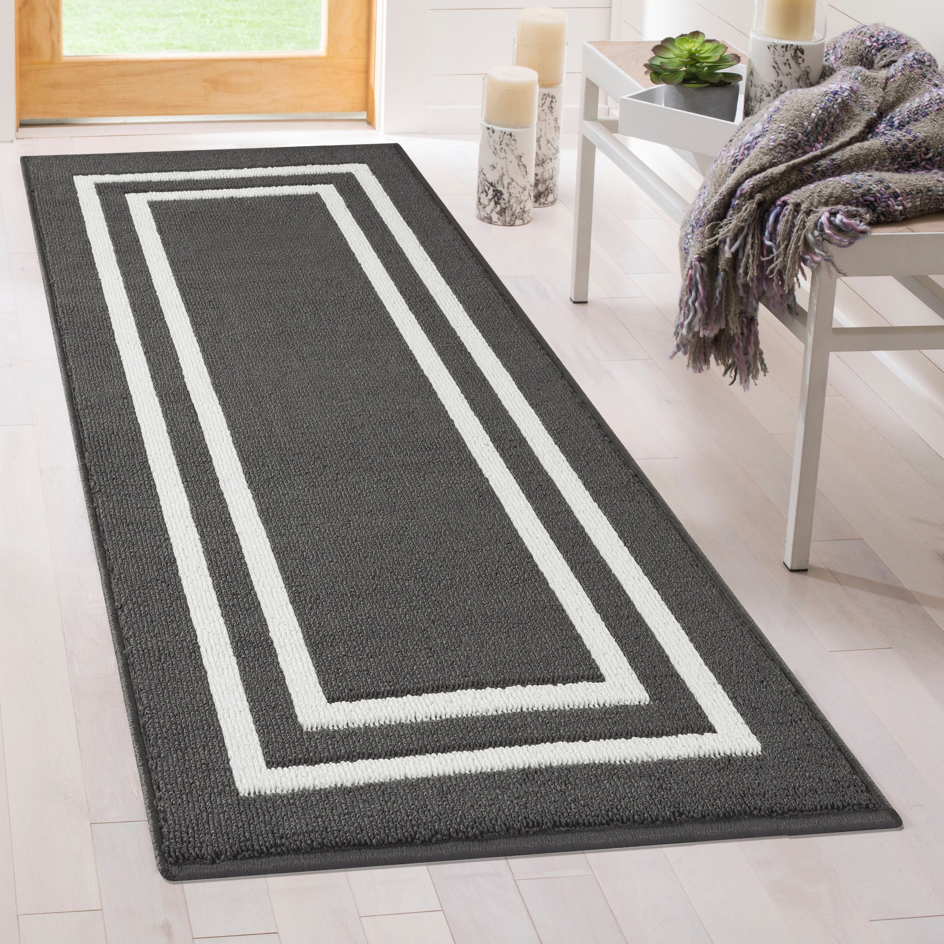 Washable Skid-Resistant Runner Rug, Border, Dark Grey and White, 26" x 60"