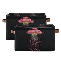 Yayeee 2 Pack Canvas Storage Basket with Handles for Shelves Fabric Bins Closet Organizer, UFO with Hearts Pattern