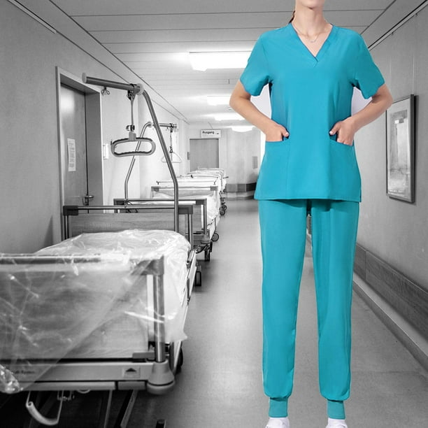 Uniforme Set pantalones Escote en V Sólido Multi bolsillo Manga corta Suave estiramiento Máquina Lavable Traje para salón de belleza Azul S Hugo Blusa y pantalones médicos