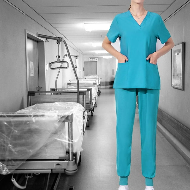 Uniforme Set pantalones Escote en V Sólido Multi bolsillo Manga corta Suave estiramiento Máquina Lavable Traje para salón de belleza Azul S Hugo Blusa y pantalones médicos