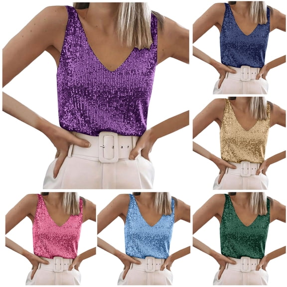 GEWSEY Womens Full Sequin Tank Tops Glitter Club Party Sleeveless Shirt Sparkle Blouses V-Neck Loose Shimmer Vests (Gold, XL)