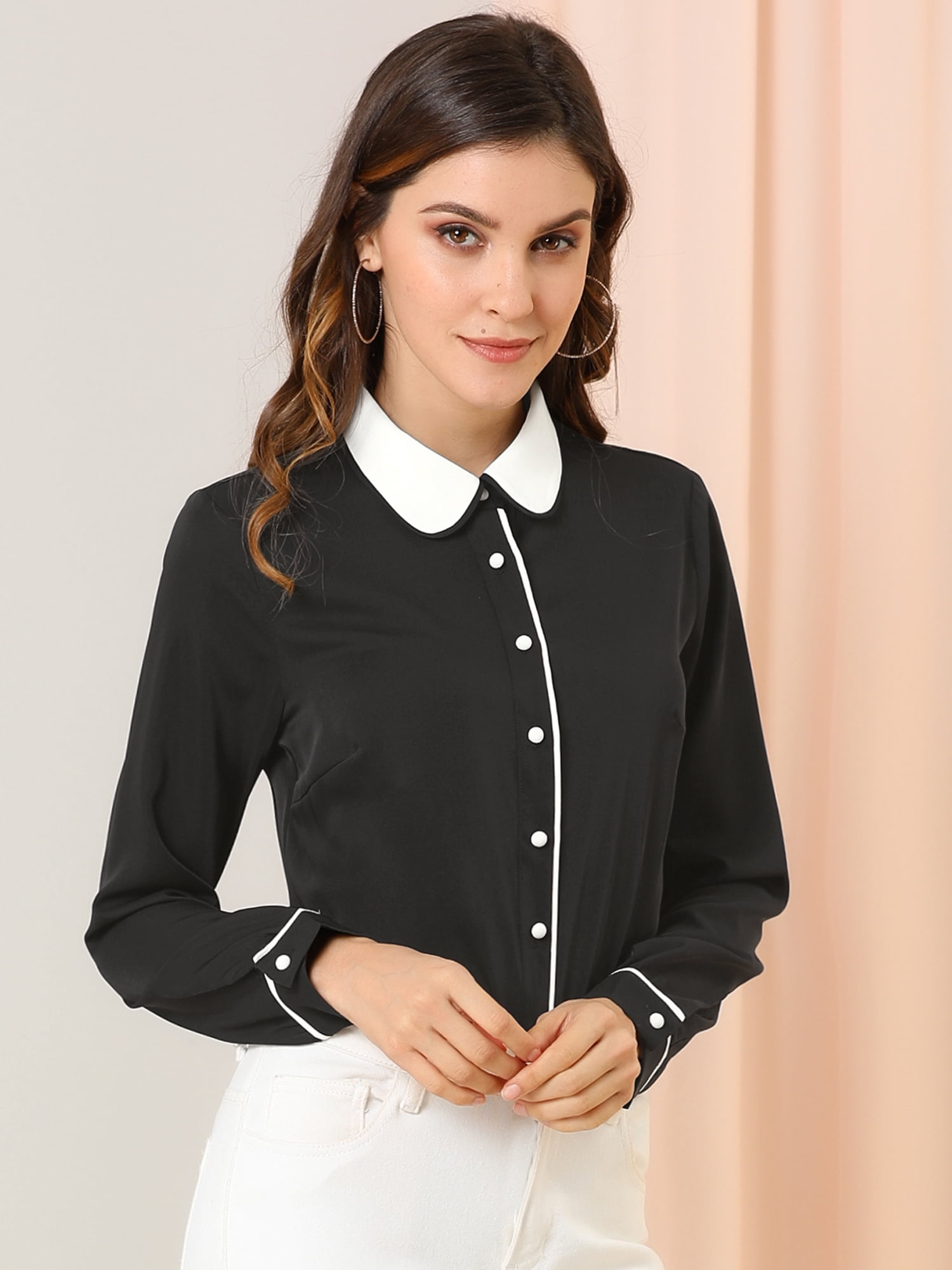 DARING DIVA Women's Button Down Long Sleeve Peter Pan Collar Blouse XL Black