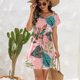 thumbnail image 3 of Vestido floral de mujer con cuello en V, manga corta, cordón en la cintura, vestido de verano hasta la rodilla, rosa L, 3 of 6
