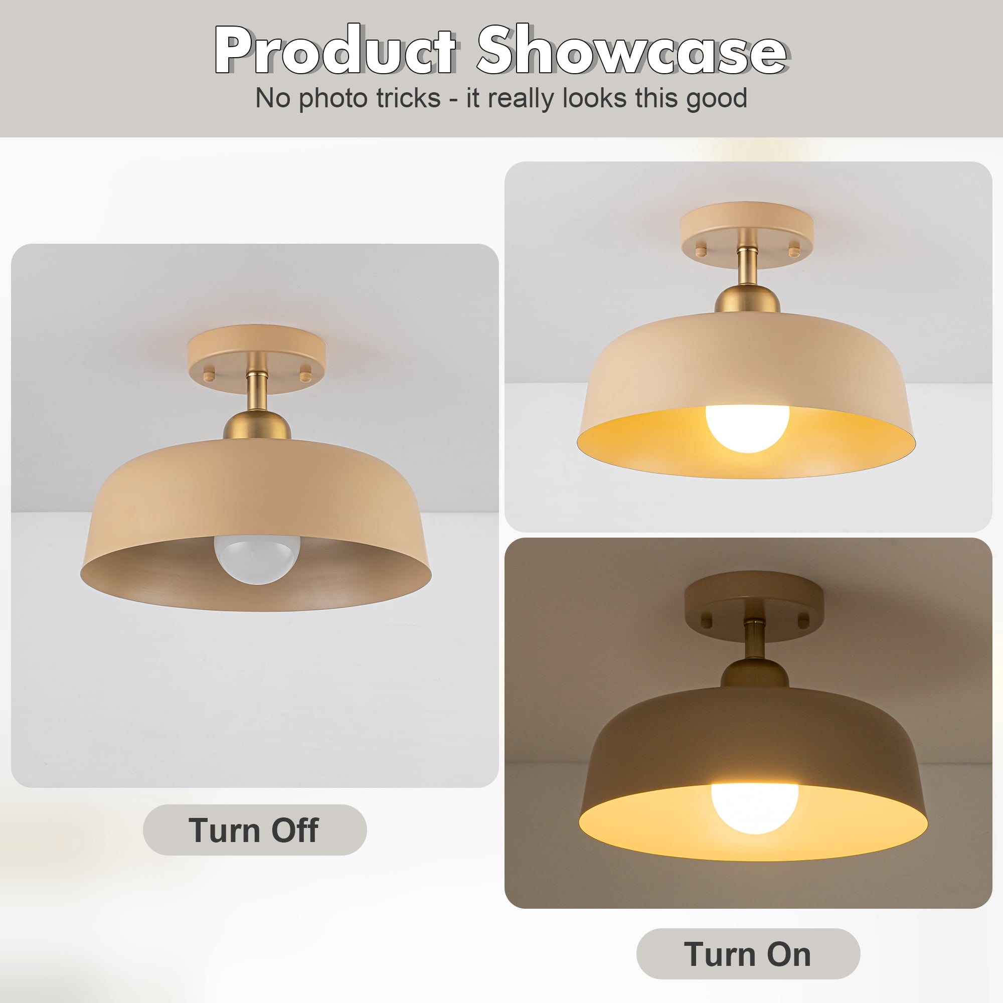 FTL Modern Semi Flush Mount Ceiling Light Brown and Gold Metal Shade 12.6" Mid Century Close to Ceiling Light Fixture for Kitchen Hallway Entryway Foyer Bedroom Laundry Room