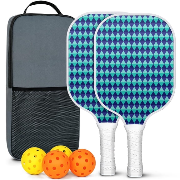 Pickleball Paddles Set Of 2, Fiberglass Surface, Elegant Geometric Print, 4 Balls & Bag