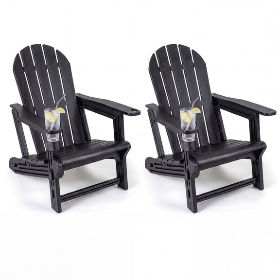 Gymax Adirondack Chair Set of 2 w/ Cup Holder & Wooden Texture for Lawn Patio