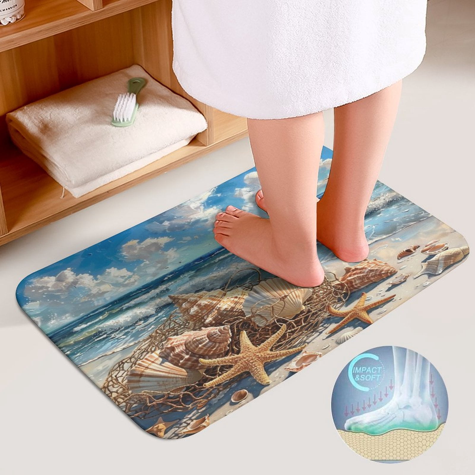 Beach Seashell Starfish Bathroom Rug Set of 3, No Silp Washable Cover Floor Rug Decorations for Kitchen Bathroom Bedroom
