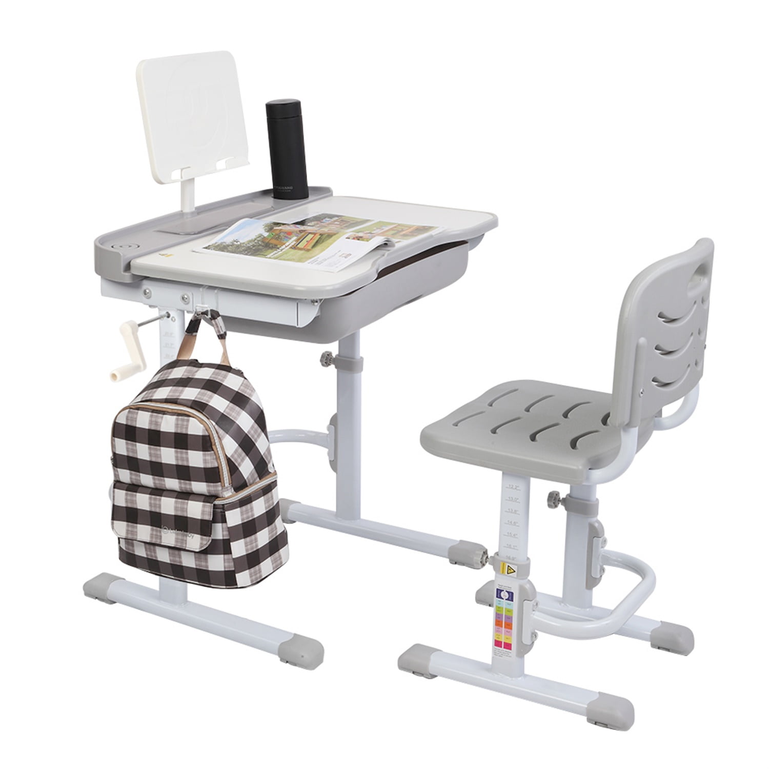 Lowestbest Kids Desk and Chair Set with Hand-Operated Lifting Table Top, Height Adjustable Children's Study Table With Reading Frame, Gray Lowestbest Kids Desk and Chair Set with Hand-Operated Lifting Table Top, Height Adjustable Children's Study Table With Reading Frame, Gray
