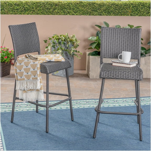 JERFIT 29 Inch Grey Outdoor Bar Stools Set of 2, PE Wicker & Iron Armless Counter Height Stools for Patio, Garden, Poolside, Weather Resistant