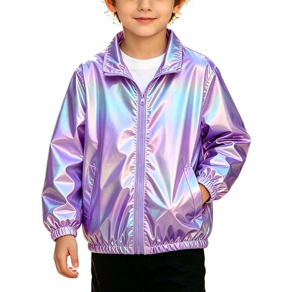 Chiccall Boys Metallic Shiny Zip Up Jacket Stand Collar Elastic Cuff Hem Party Stage Performance Outer Coat for Kids