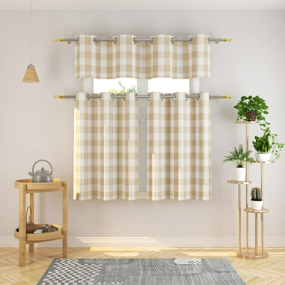 3 Pc Cotton Classic Country Farmhouse Kitchen Window Curtain Grommet Top -Beige & White Buffalo Check Tier & Valance Set, 54" x 18" / 27" x 24"
