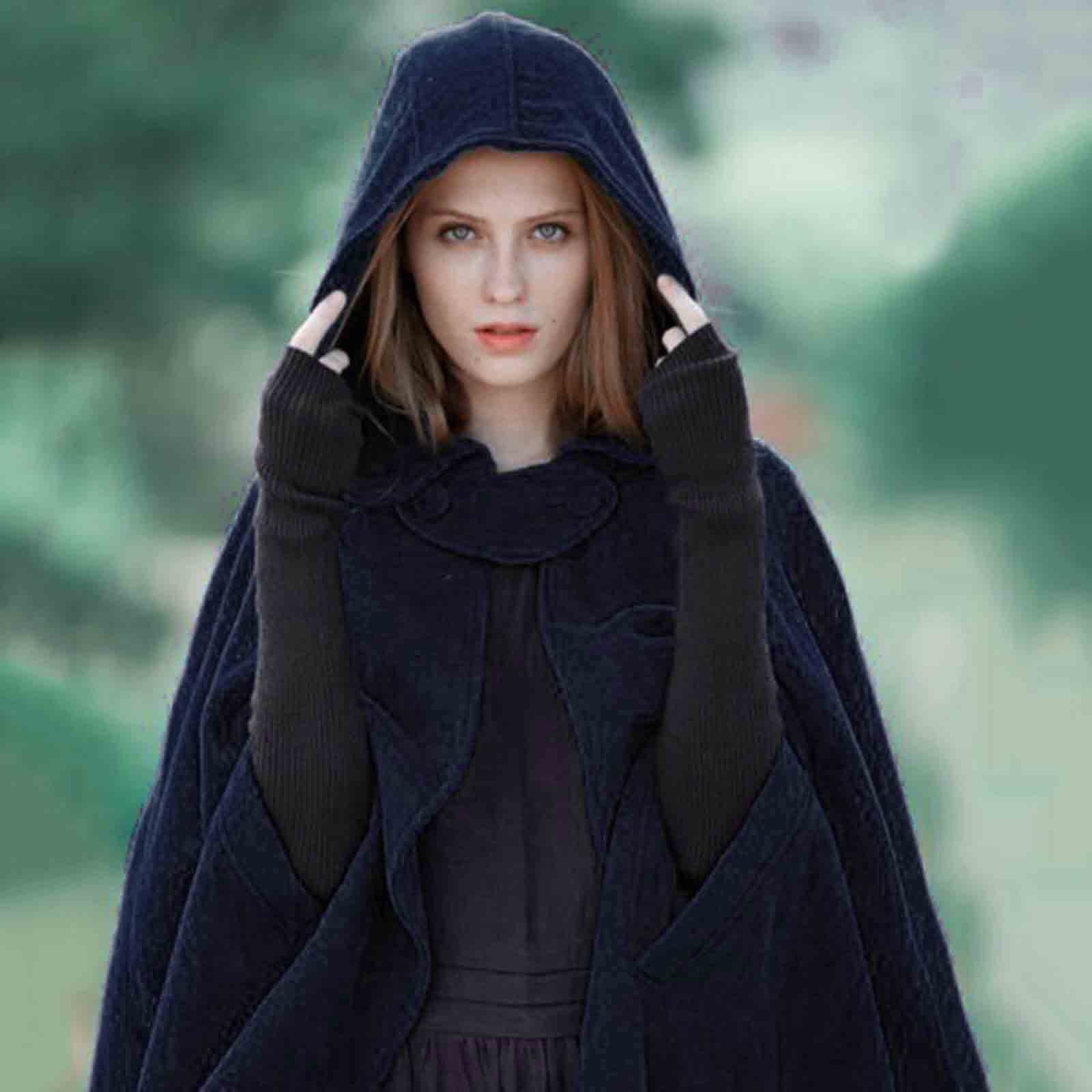 Women's Solid Hooded Lace-up Long Cape Extended Cape Jacket Womens