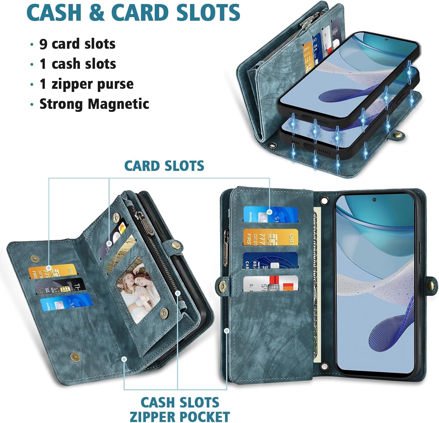 Asuwish Phone Case for Motorola Moto G 5G 2023 Zipper Wallet Detachable Cell Cover with Tempered Glass Screen Protector Crossbody Lanyard Strap Flip Card Holder Slot G5G 5 G G5 Women Men Girls Blue