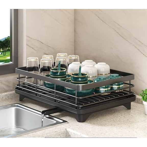 Large Dish Drying Rack - Extendable Dish Rack,Multifunctional Dish Rack for Kitchen Counter,Drying Rack Anti-Rust Dish Drainers with Cutlery & Cup Holders (Black . Double layerwith accessories))