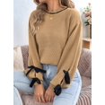 thumbnail image 5 of Women Knit Crew Neck Contrast Lantern Long Sleeve Pullover Sweater with Decorative Cuff Straps Khaki XL, 5 of 9