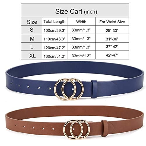 Pack 2 Women Belts for Jeans with Fashion Double O-Ring Buckle and Faux Leather (Pack 2 (Blue+Chocolate Brown), XL: Fits Waist Size from 42"-47") UnFader UnFader