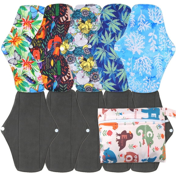 5 Pack with 1 Cloth Mini Wet Bag Bamboo Charcoal Reusable Menstrual Pads - Reusable Sanitary Pads | Reusable Panty Liners | Soft Cloth Menstrual Pads