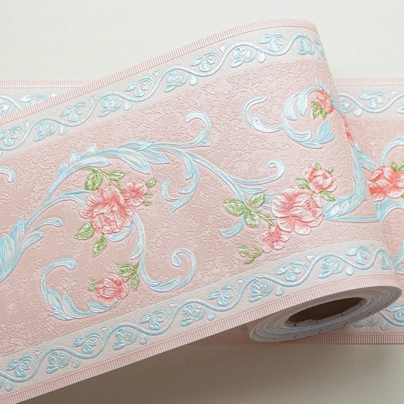 A-b-cil Bathroom Mirror Frame Border Sticker 196"X4.1" Pink Flower Wallpaper Border Peel and Stick 3D Pattern Wall Decor Trim for Walls Waterproof Self Adhesive Bathroom Mirror Frame Sticker