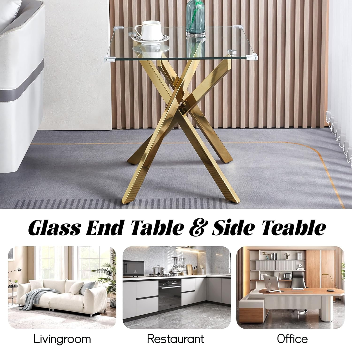 Glass End Table, Modern Square Side Table with Tempered Glass Top and Gold Metal Legs, Living Room Clear Sofa Tables for Small Space, Living Room, Bedroom, Office, Apartment