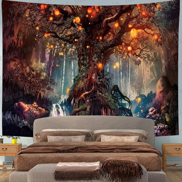 Tapiz de bosque de fantasía Tapiz de árbol de la vida Tapiz pagano Tapices de paisaje Planta natural Tapiz trippy Tapiz estético del mundo de cuento de hadas 90 * 73 CM para sala de estar Dormito