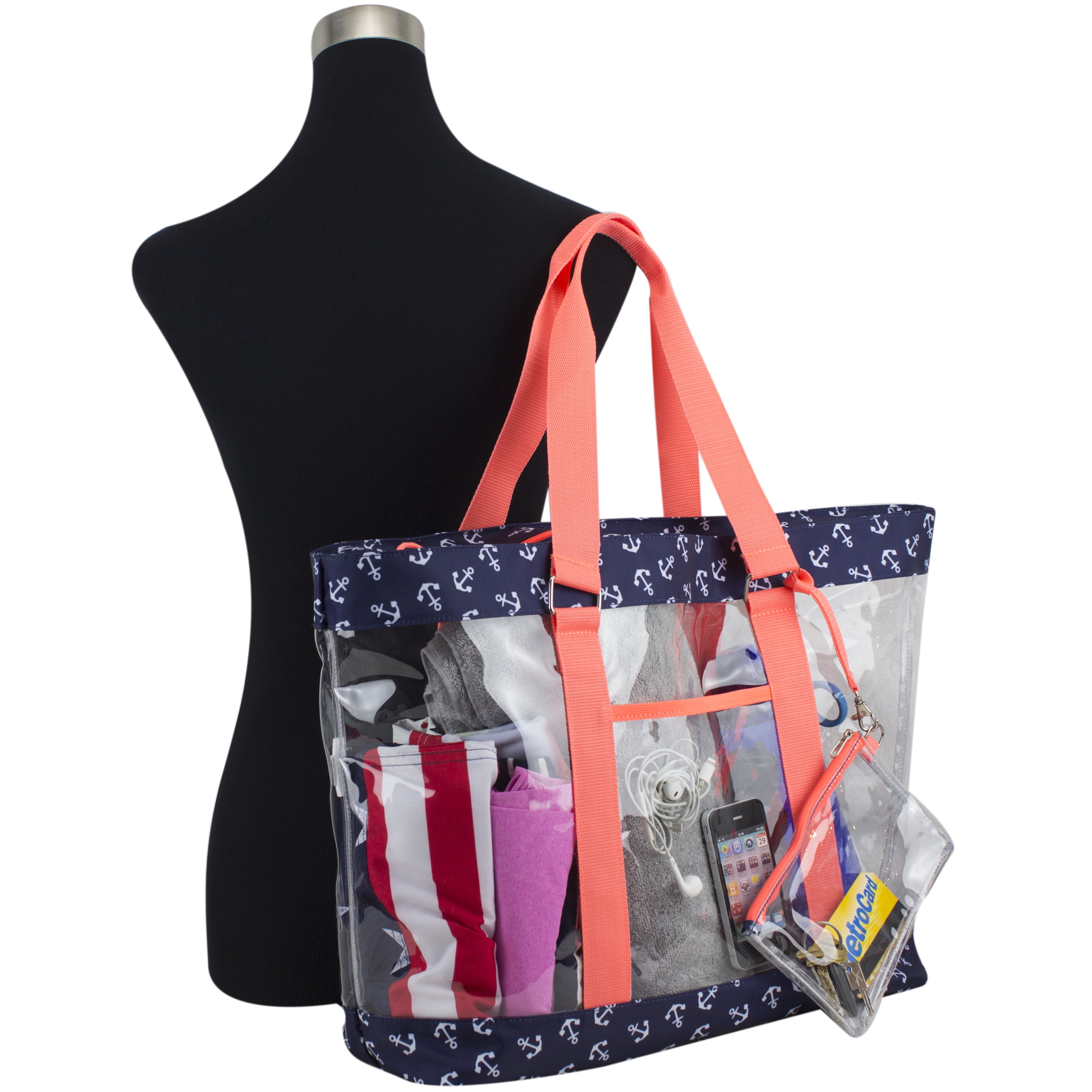 Eastsport Supreme Deluxe Clear Tote with Wristlet, Coral Blue Anchors
