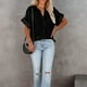 thumbnail image 4 of Dinheiro Camisa holgada a cuadros fina a rayas de manga corta con cuello en V para mujer (negro), L,, 4 of 6